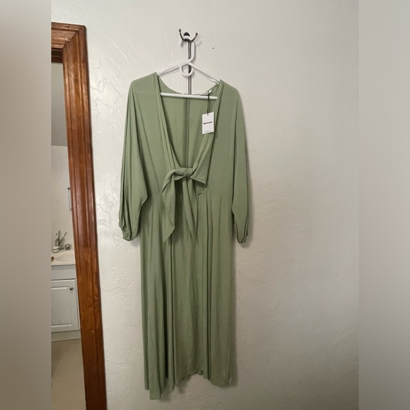 SHOWPO TYRICIA LONG SLEEVE TIE FRONT CUT OUT MIDI DRESS IN SAGE - Picture 3 of 7